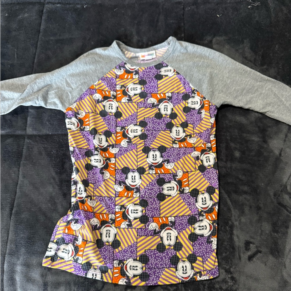 Kids Long Sleeve Raglan Tee in Gray, Purple & Orange Mickey Print 3/4 sleeve